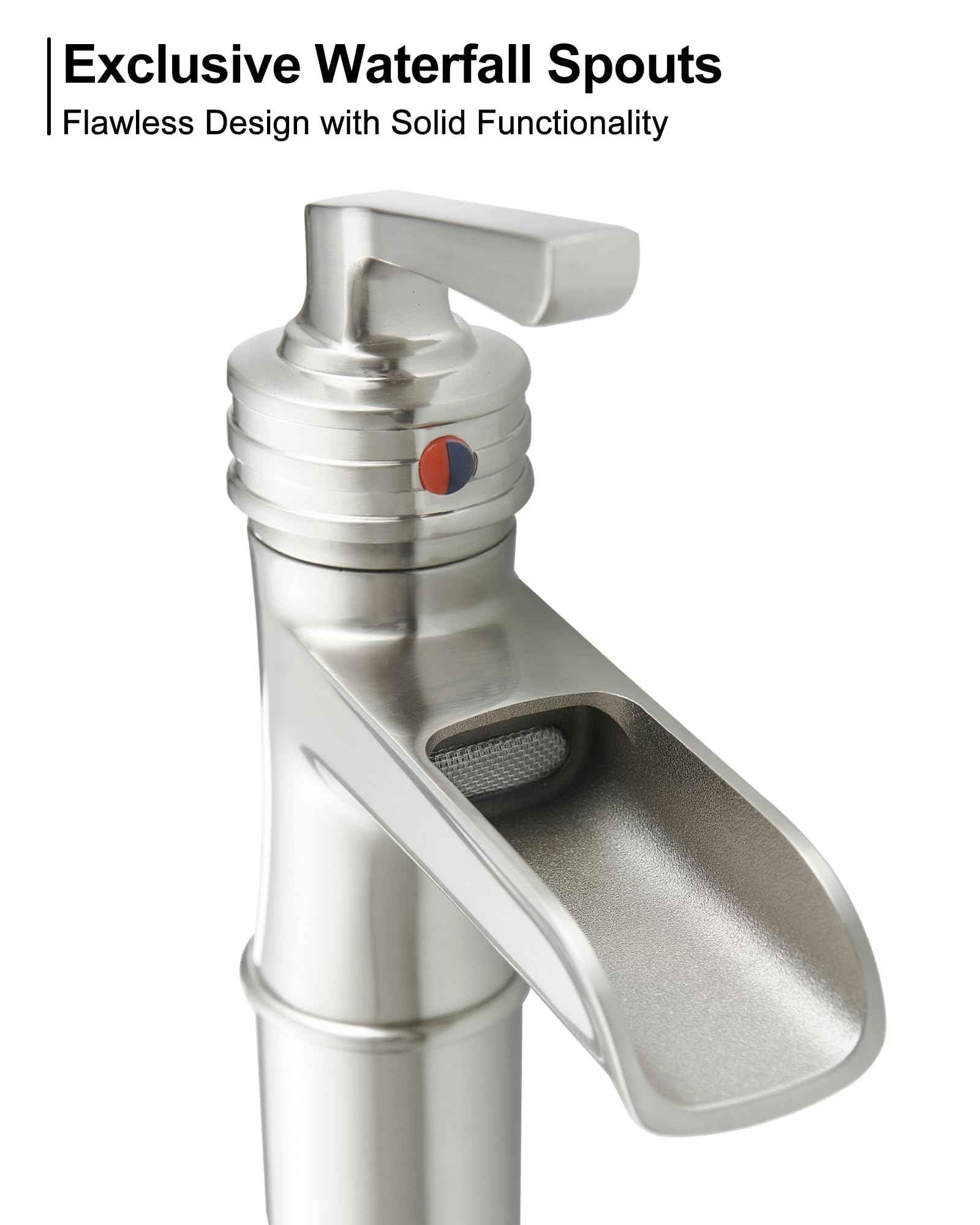 HEYMYTAP Brass Vessel Sink Faucet Brushed Nickel Waterfall Bathroom Faucet Tall 1 Hole, Single Handle with Pop-up Drain & Water Hoses for Bathroom Vanity Vessel Sink