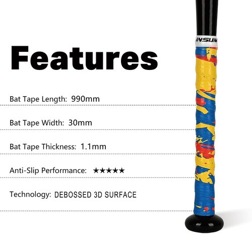 INSUM Bat Grip Tape - 1.1mm Non-Slip Baseball & Softball Wrap | Debossed 3D Surface, Easy Install