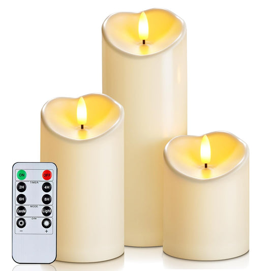 Homemory Flameless Candles with Timer and Remote Control, Battery Operated LED Candles, Realistic Fake Plastic Candles for Wedding, Festival, Home Decor, Waterproof Outdoor, D3”H4”6”8”, Dark Ivory