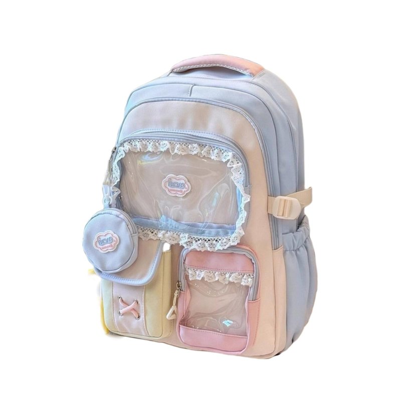 ZQW Kawaii Cute Backpack for Women Y2K Aesthetic Anime ITA Bag with Lace Trim Badges Display Clear Panel Casual Daypack (Blue)