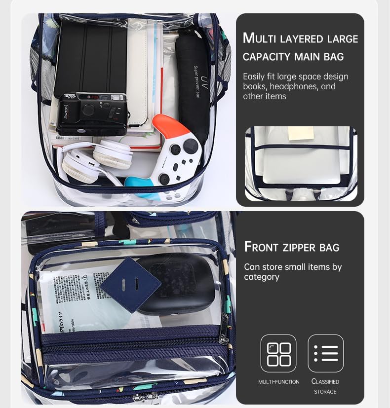 Skiennix Clear Backpack - Heavy Duty PVC for Stadium, Travel & Work | Dual Zippered Compartments & Mesh Side Pockets (White)