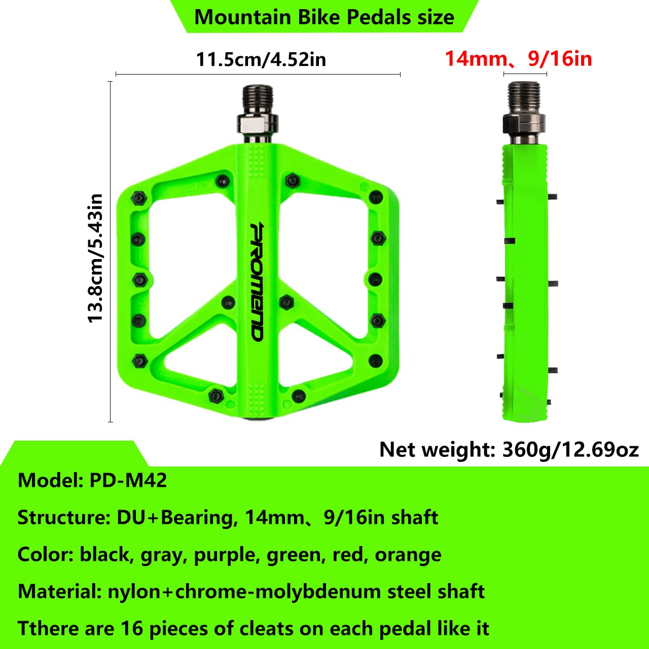 Mountain Bike Pedals - Durable Nylon DU Bearing Platform Pedals for MTB and BMX (Green)
