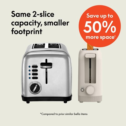 Bella 2 Slice Slim Toaster - 6 Setting Shade Control, Reheat & Cancel Buttons | Fits 10” Long Sourdough, Oatmilk