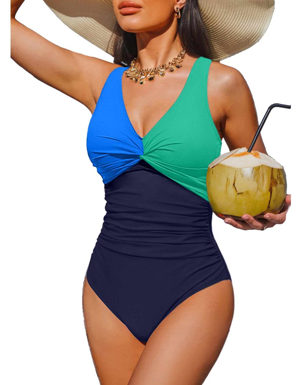 Holipick Blue Green Block Women Tummy Control One Piece Swimsuit - Push Up Bathing Suit Full Coverage Slimming Swimwear S