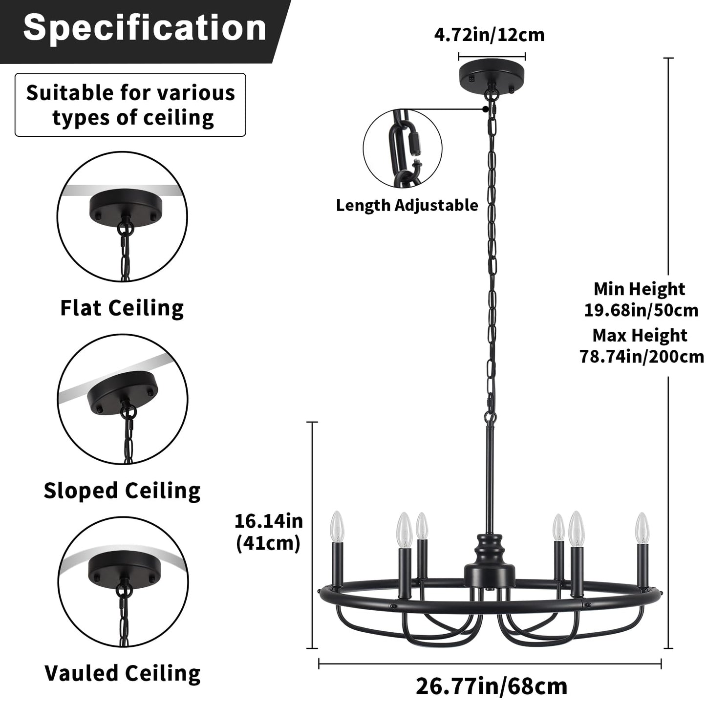 ETONIMERR Black Dining Room Light Fixture 6 Light, Rustic Farmhouse Chandelier Hanging Light Fixture, Metal Candle Kitchen Chandeliers for Living Room Bedroom Foyer