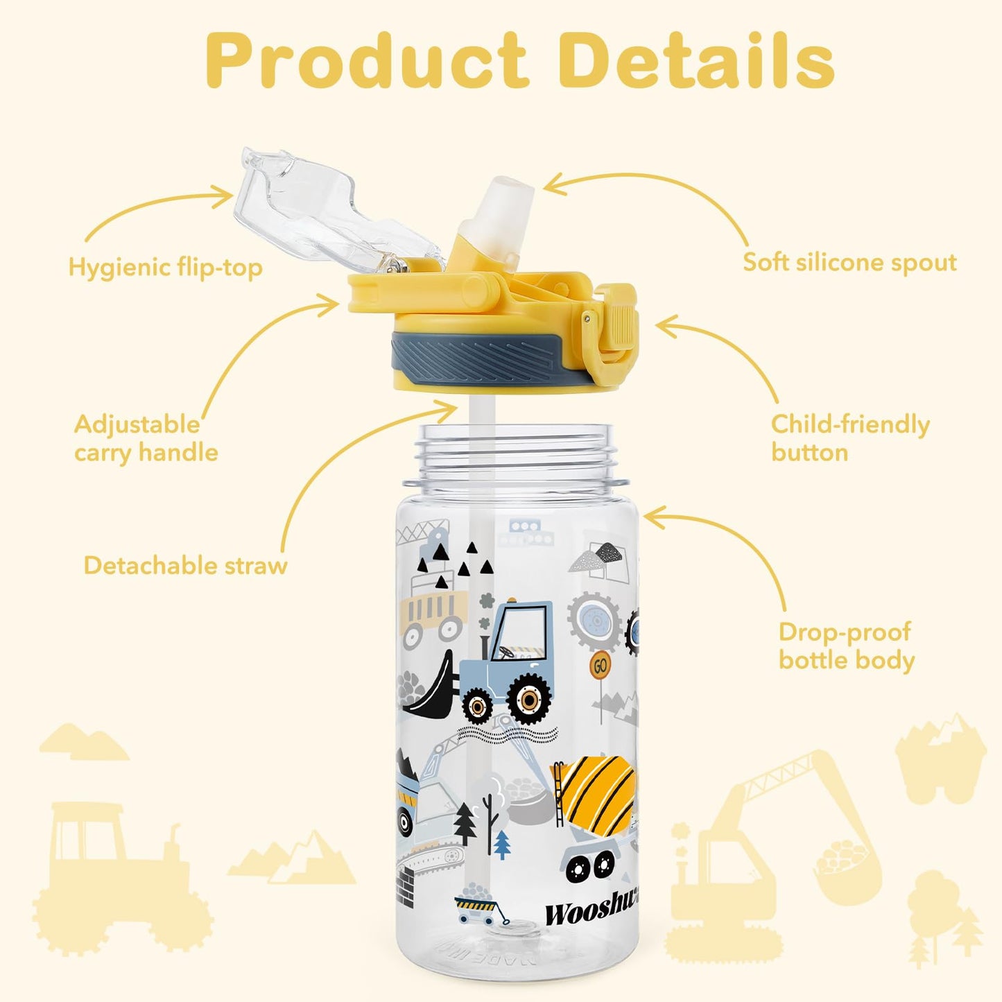 omedecal Kids Water Bottle for School, 16 Oz Plastic Straw Water Bottle with Silicone Spout and Leakproof Cover, Dishwasher Safe (Excavator)