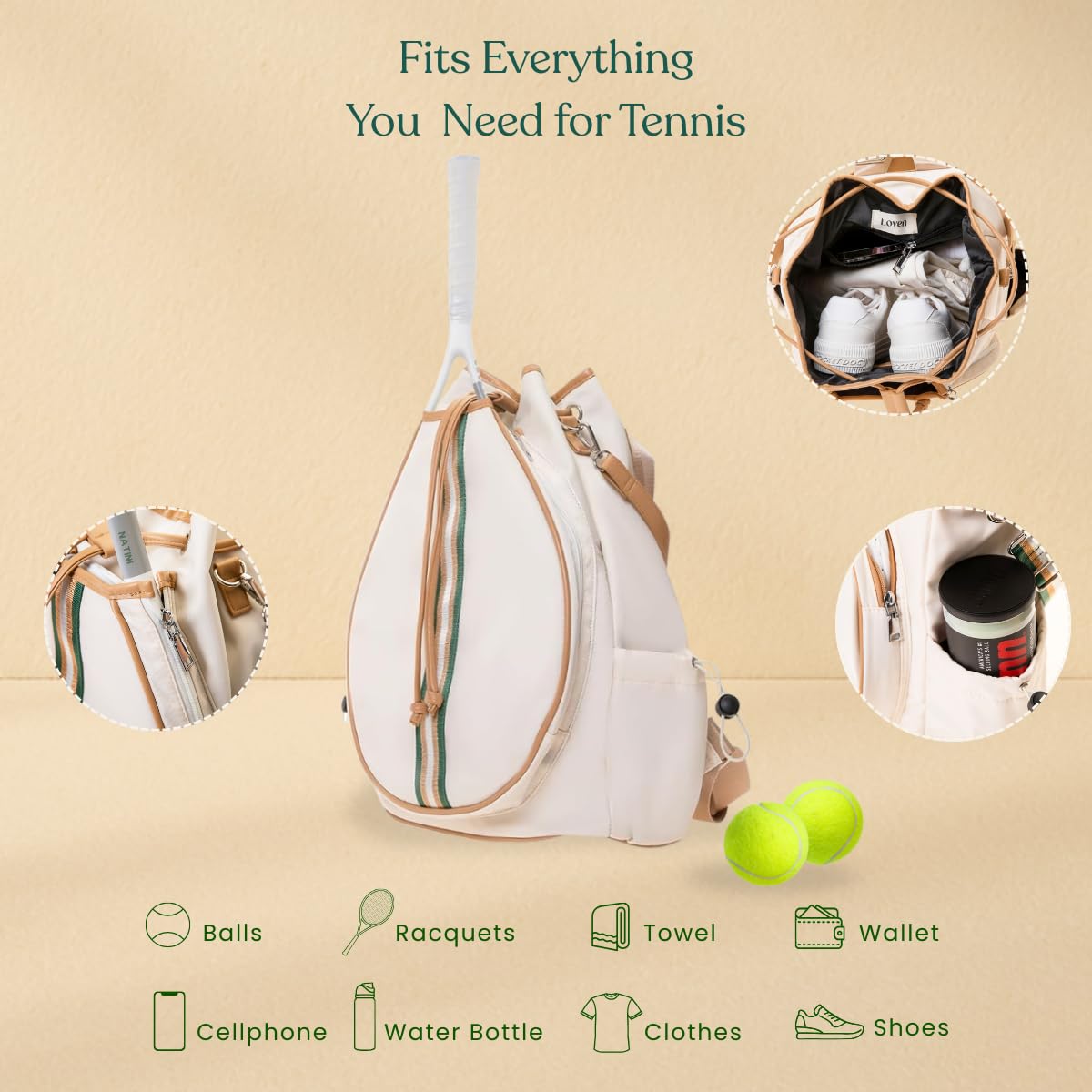 Mini Momo Tennis Bag for Women Racket Tote, Stylish Backpack - Unisex Racquet Sports Pickleball Bag Convertible Shoulder, Crossbody Strap Large Compartment (Backpack - Racket Bear Edition)