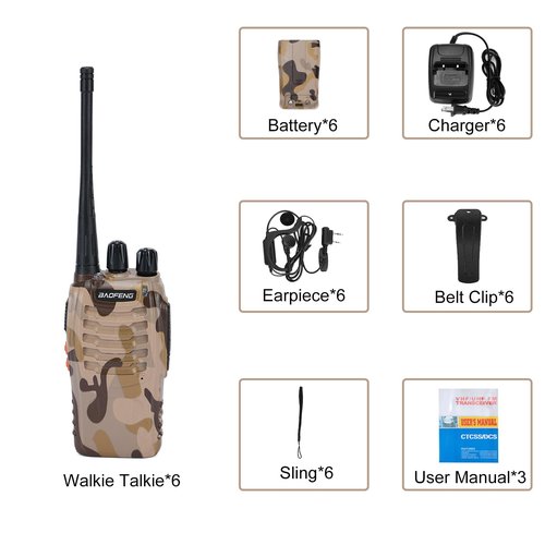 BAOFENG BF-888S Walkie Talkie 16 Channel Walkie Talky Rechargeable Handheld Radio Long Range for Adults with Earpieces, for Cruise Hunting Skiing Two Way Radios (6Pack,Desert Camouflage)