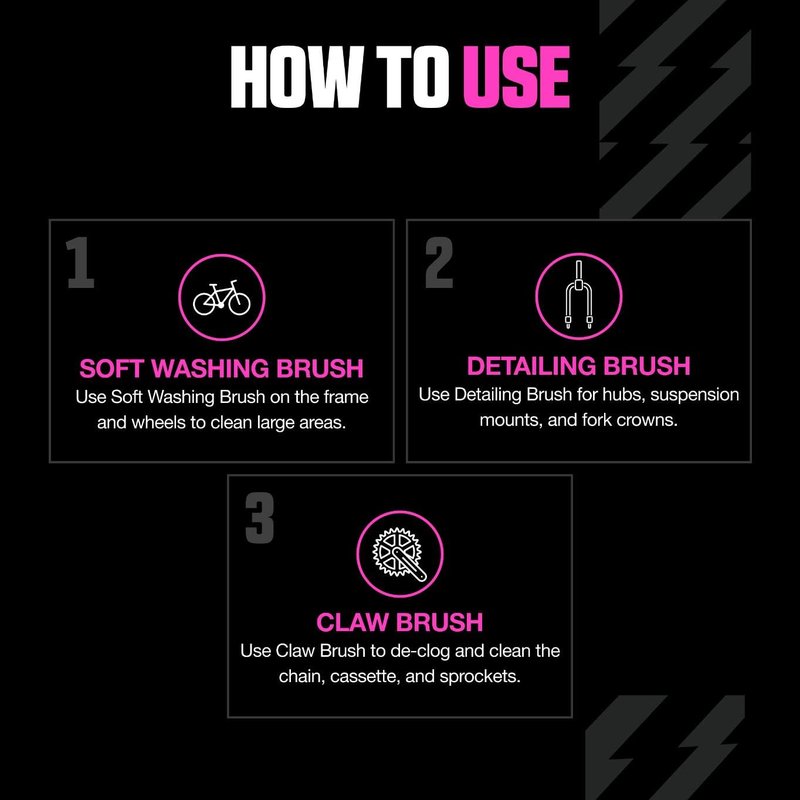 Muc-Off 220 3 Piece Premium Brush Kit - Includes 3 Bike Cleaning Brushes With Durable Nylon Bristles And Ergonomic Rubberised Handles To Minimise Impact