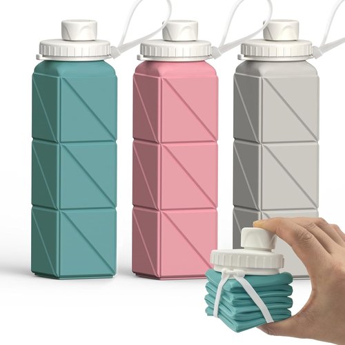 BEAUTAIL Collapsible Water Bottles - 20.6oz Silicone Travel Bottles | BPA-Free, Leakproof, 3 Pack (Blue, Pink, Starlight)