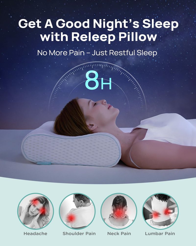 Releep Memory Foam Neck Pillow for Pain Relief – Adjustable Contour (4 Heights), Portable & Washable – Travel Pillow for Airplane, Car, Hiking (15.7” x 11”) – No Storage Bag