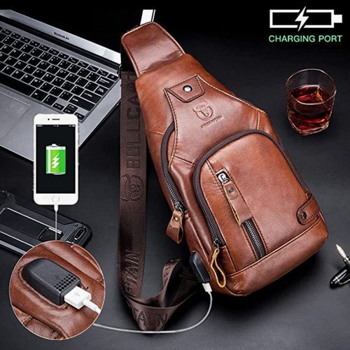 KPYWZER Genuine Leather Sling Backpack with USB Charging Port Chest Bag Outdoor Hiking Travel Daypack Brown