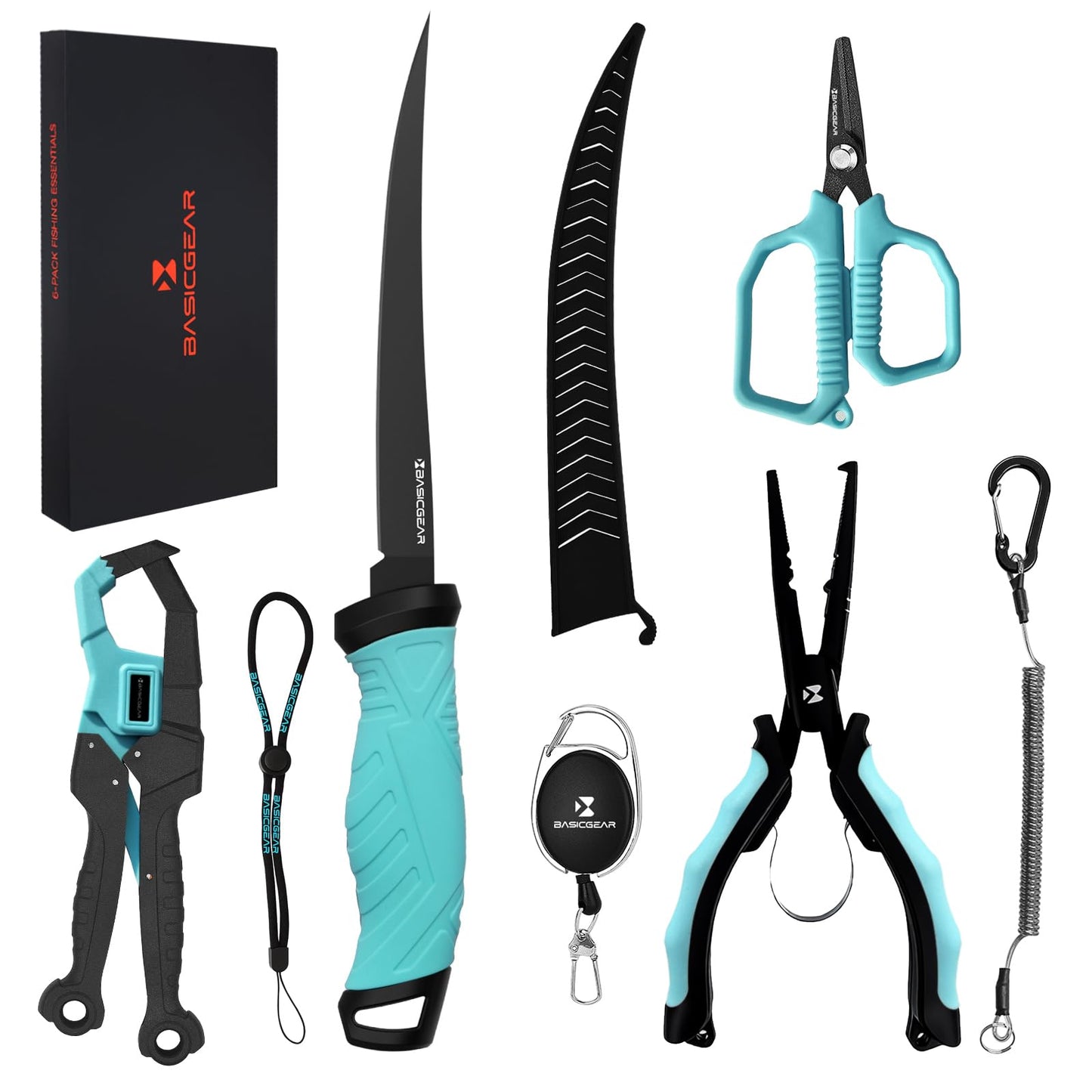 BasicGear Fishing Tool Set – 7” Pliers, 9.5” Fish Lip Gripper, 4.5” Scissors, 7” Fillet Knife, Retractable Clip & Steel-Core Tether, Rust-Resistant Multi-Tool Kit for Anglers