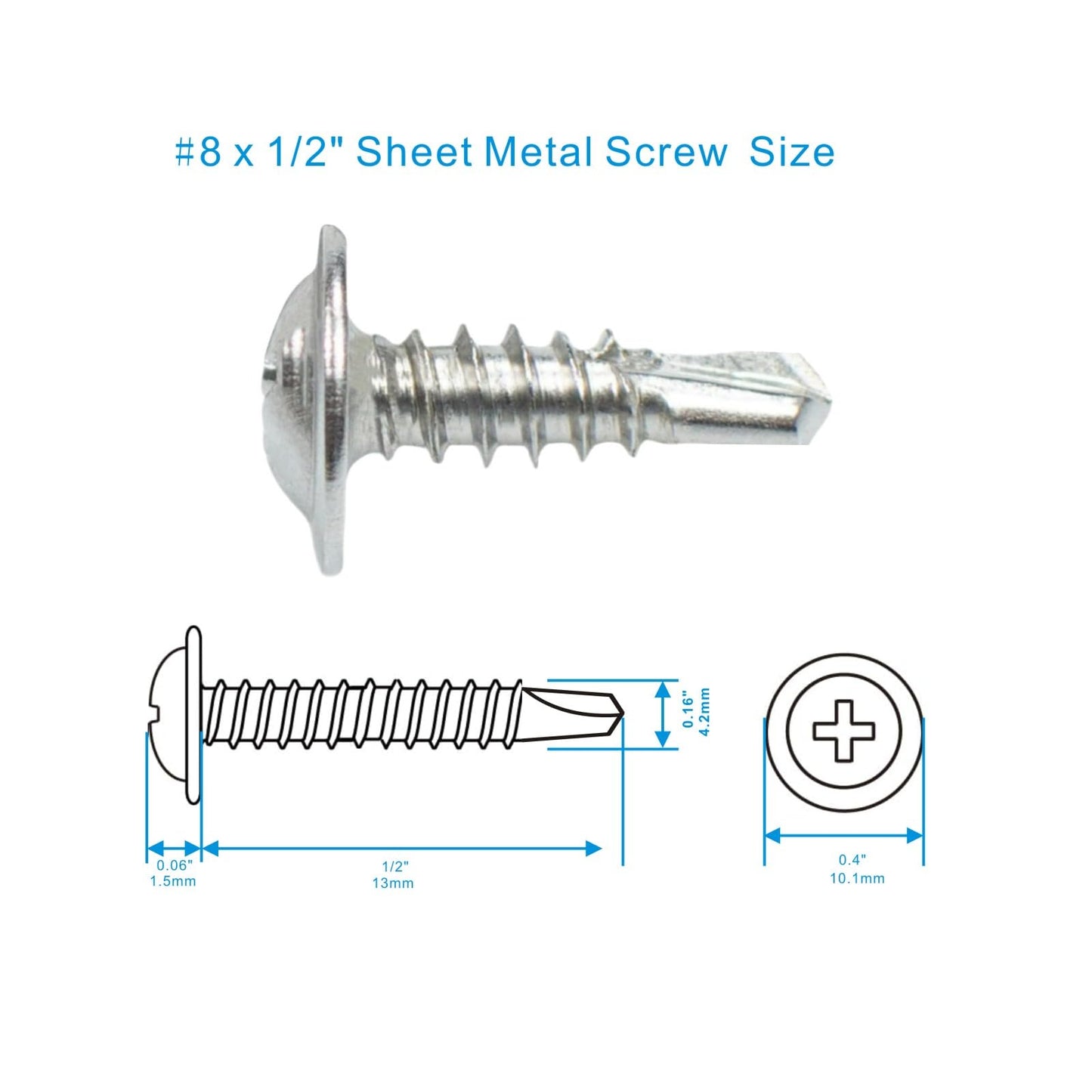 #8 x 1/2" Sheet Metal Screws，410 Stainless Steel Modified Truss Head Fast Self Tapping Screws, Phillips Drive Self Drilling Screws for Metal Plastic & Wood (250 Pack)