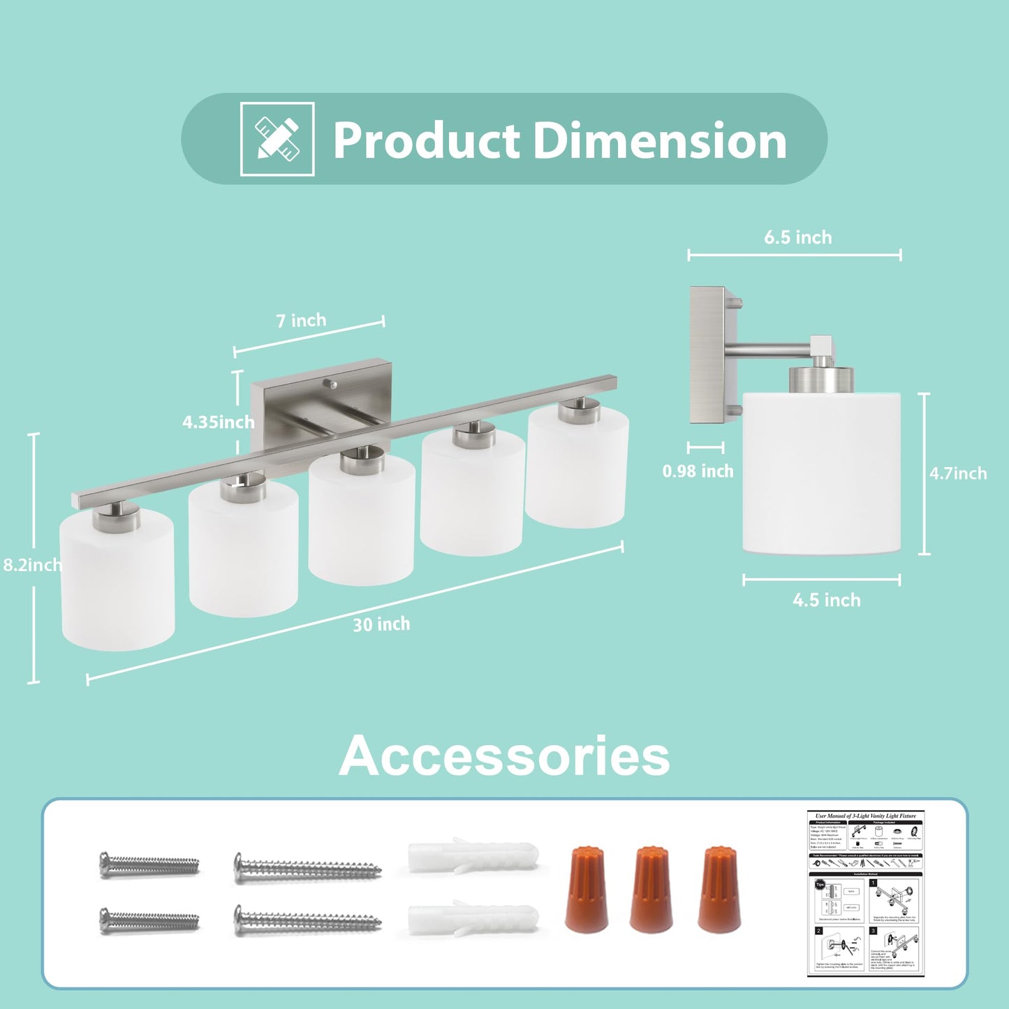 Honesorn Modern Vanity Lights - 5-Light Bathroom Fixture with Frosted Shade & Anti-Rust Nickel Finish