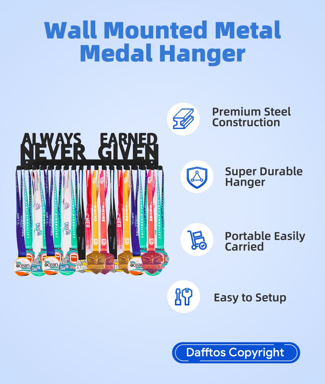 Medal Hanger Ribbon Holder Display Medals Wall Mounted Metal Trophy Rack Organizer Frame Awards Ribbon Cheer Gymnastics Soccer Softball Runner Hold Medals Easy to Install (Earned Hook 14 inch)