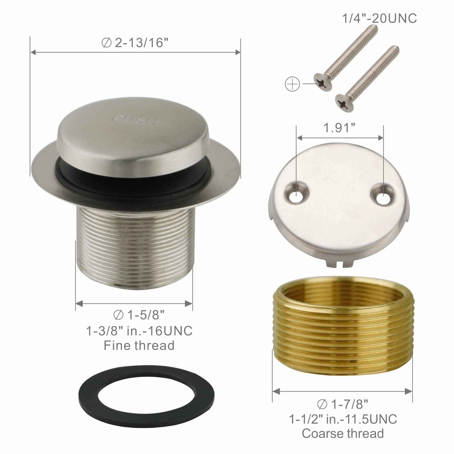 Welsan Bathtub Drain Tip Toe Tub Conversion Kit, Replacement Bath Trim with Two-Hole Overflow Faceplate and Universal Fine/Coarse Thread Assembly, Brushed Nickel