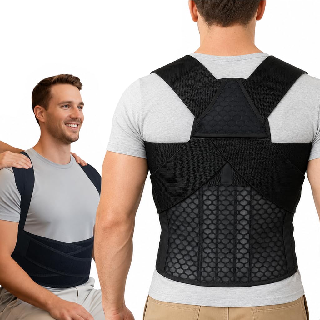 Back Posture Corrector Brace for Men, Back-Anchored Shoulder Support, 3.1-Inch Wide Straps, Adjustable Upper Back Straightener & Lower Spine Support to Help Reduce Slouching, Wear Under Clothes