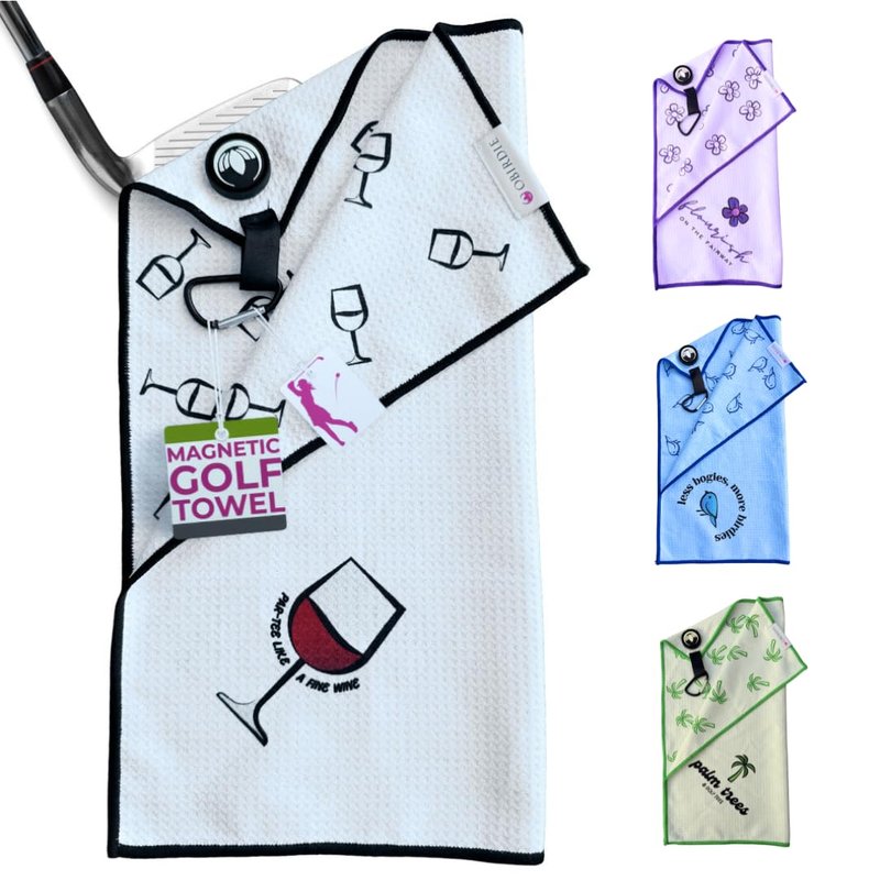 Obirdie Magnetic Golf Towel | 18"x18" Waffle Microfiber | Women's Golf Accessory | Detachable Clip | Quick-Dry, Ultra-Absorbent (Wine Glass)