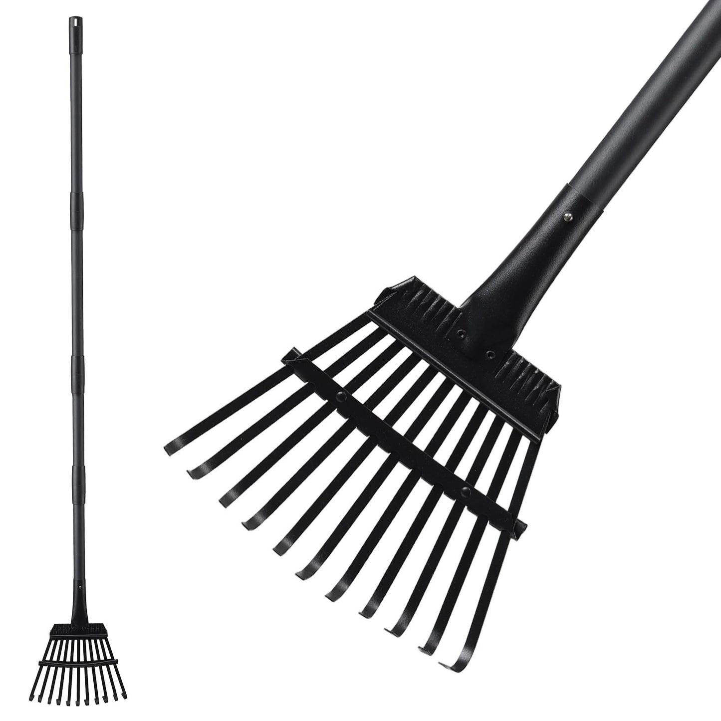 Small Rake for Leaves, 11 Metal Tines Narrow Leaf Rake, 60'' Leaf Rakes for Lawns with Adjustable Steel Handle for Camping Flower Beds Mulch Shrub, Black