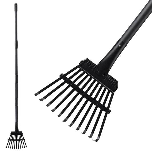 Small Rake for Leaves, 11 Metal Tines Narrow Leaf Rake, 60'' Leaf Rakes for Lawns with Adjustable Steel Handle for Camping Flower Beds Mulch Shrub, Black