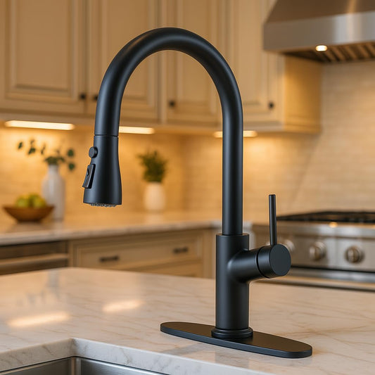 INDARE Matte Black Kitchen Faucet with Pull-Down Sprayer, High Arc Single Handle Stainless Steel Deck Mount Faucet, 1 or 3 Hole Deck Plate Included for Farmhouse Camper Laundry RV Bar