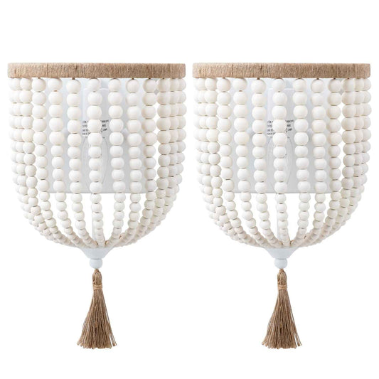 VILUXY Bohemia Wood Beaded Wall Sconces Bedside Antique Rustic Wall Sconce Lighting Fixture White Finishing for Bedroom, Hallway, Entryway, Passway, Bathroom, Vanity 2 Pack