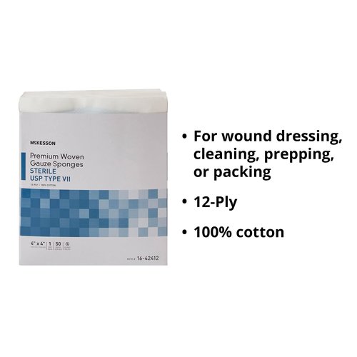 McKesson Premium Woven Gauze Sponges, Sterile, 12-Ply, USP Type VII, 100% Cotton, 4 in x 4 in, 1 per Pack, 50 Packs