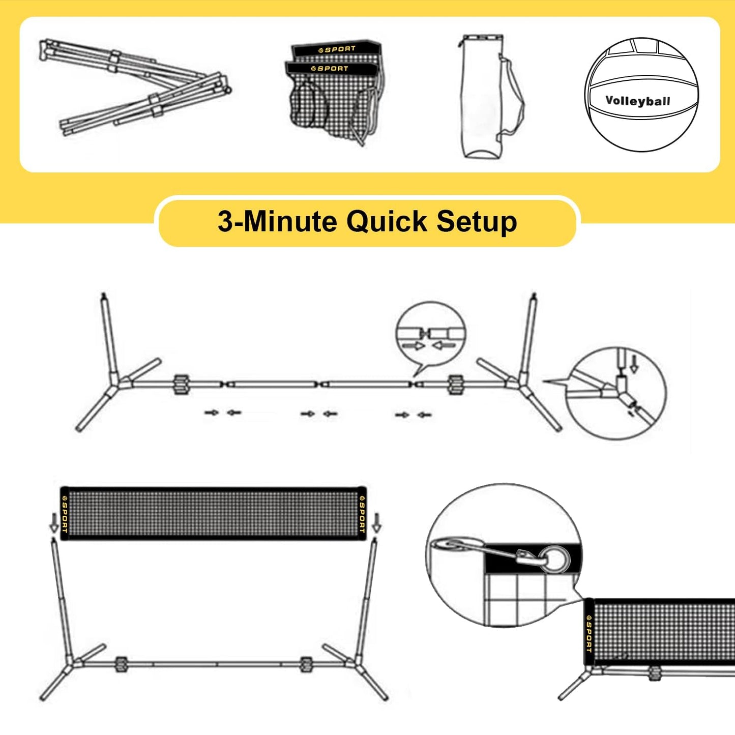 Furypiont 10 FT Mini Portable Volleyball Net Equipment Set with Rubber Volleyball,Pump and Potable Carry Bag.Adjustable Height 2.7FT-5.1FT for Tennis Net,Badminton Net,Soccer Net,Pickleball Net