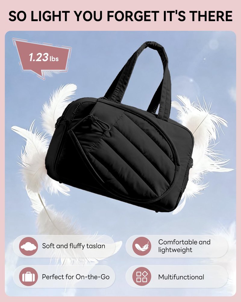 Tennis Tote Bag for Women – Waterproof Lightweight Travel Gym Bag with Shoulder Strap, Holds 2 Rackets, Pickleball & Badminton Bag with Shoe Compartment, Wet/Dry Separation, Fits 15.6" Laptop, Black