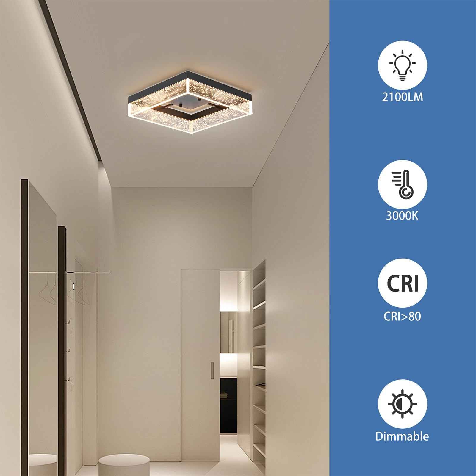 Qcyuui LED Flush Mount Ceiling Light, 11.81in 20W Modern Ceiling Light with Clear Bubble Acrylic,Square LED Ceiling Lamp for Kitchen Hallway Closet Living Room Bedroom, Black, 3000K Dimmable