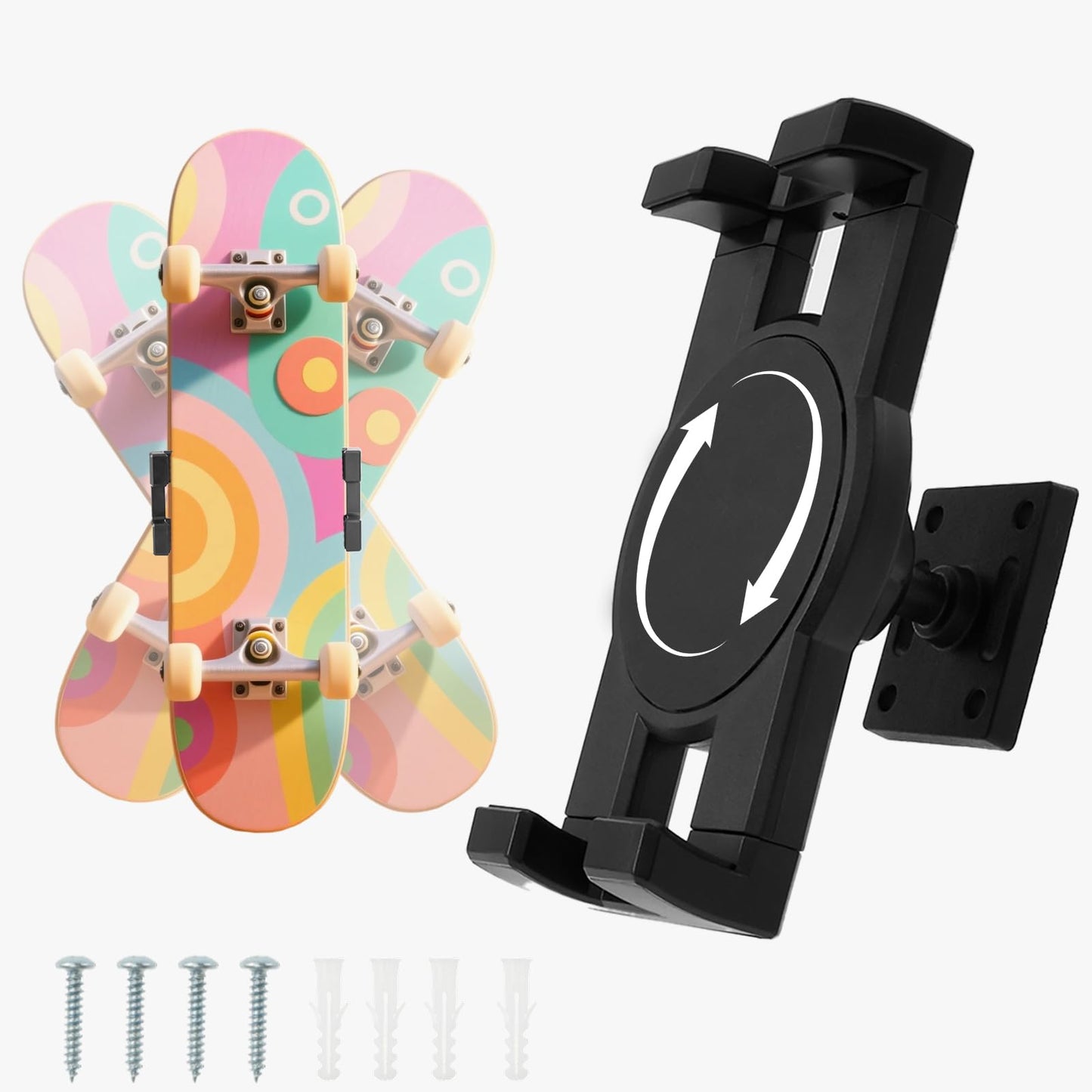 KOUISYY Skateboard Decks Wall Mount, 360° Rotating Skate Deck Wall Mount, Extending & Floating Skateboard Display Holder, Strong Load Bearing Storage Rack Hanger Accessories for Most Skateboarders