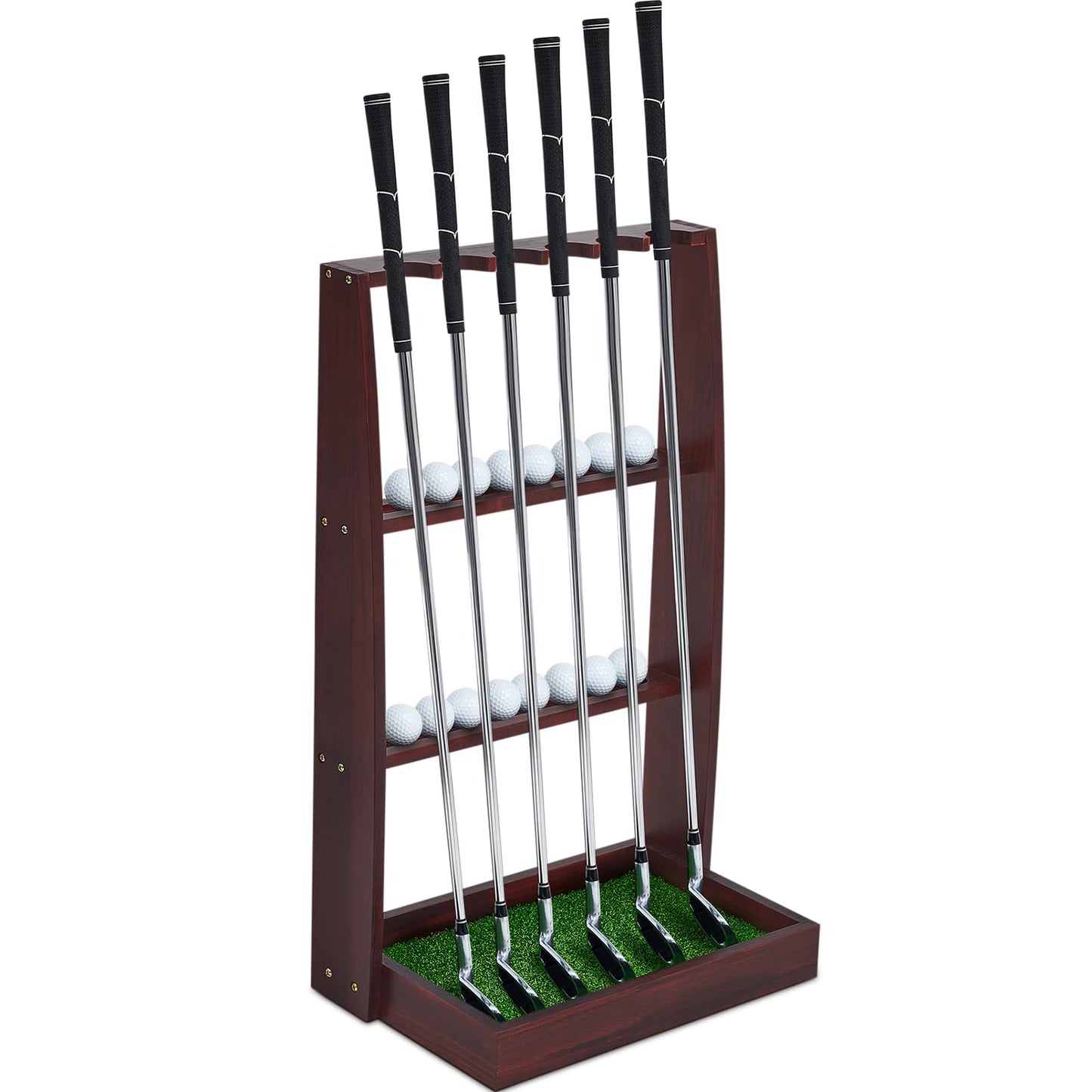 Lenwen Golf Putter Stand Wooden Display Rack Golf Club Holder Stand Floor Display Rack Club Organizer for Storage Sports Indoor Home Office Simulator(Hold 6 Clubs 16 Balls Storage,Fresh,Brown)