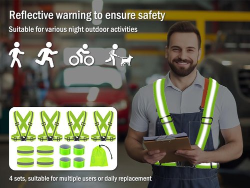 Hitopin Running Reflective Vest Gear, 4Pack Reflective Safety Harness, High Visible Reflective Running Vest, Adjustable Safety Vest, 8PCS Reflective Wristbands, for Running, Jogging, Hiking, Cycling