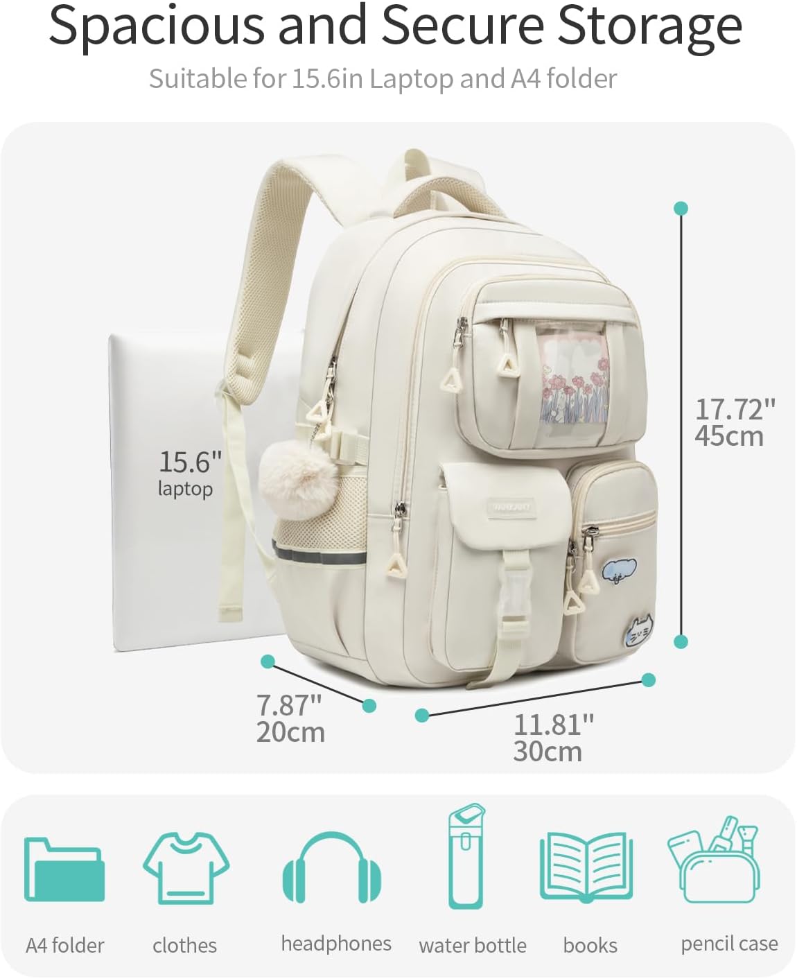 Skiennix School Backpack - Cute 15.6in Laptop Bag for Teen Girls & College Students | Beige
