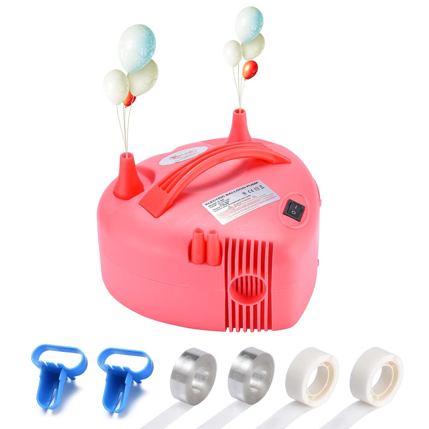 Electric Balloon Pump, NuLink Portable Dual Nozzle Electric Balloon Blower Pump with Tying Tools, Tape Strip and Dot Glues for Party Decoration [Pink, Heart Shape]