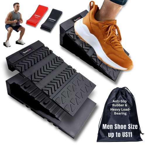 SPORTYDEN Squat Wedge Block - Non Slip Rubber - 3 Adjustable Angles - Men Shoe Size up to US11-4Pcs Set - Heel Elevated Squat - Calf Raises Ramp - Weight Lift & Stretch - 2 Bands & a Carry on Bag