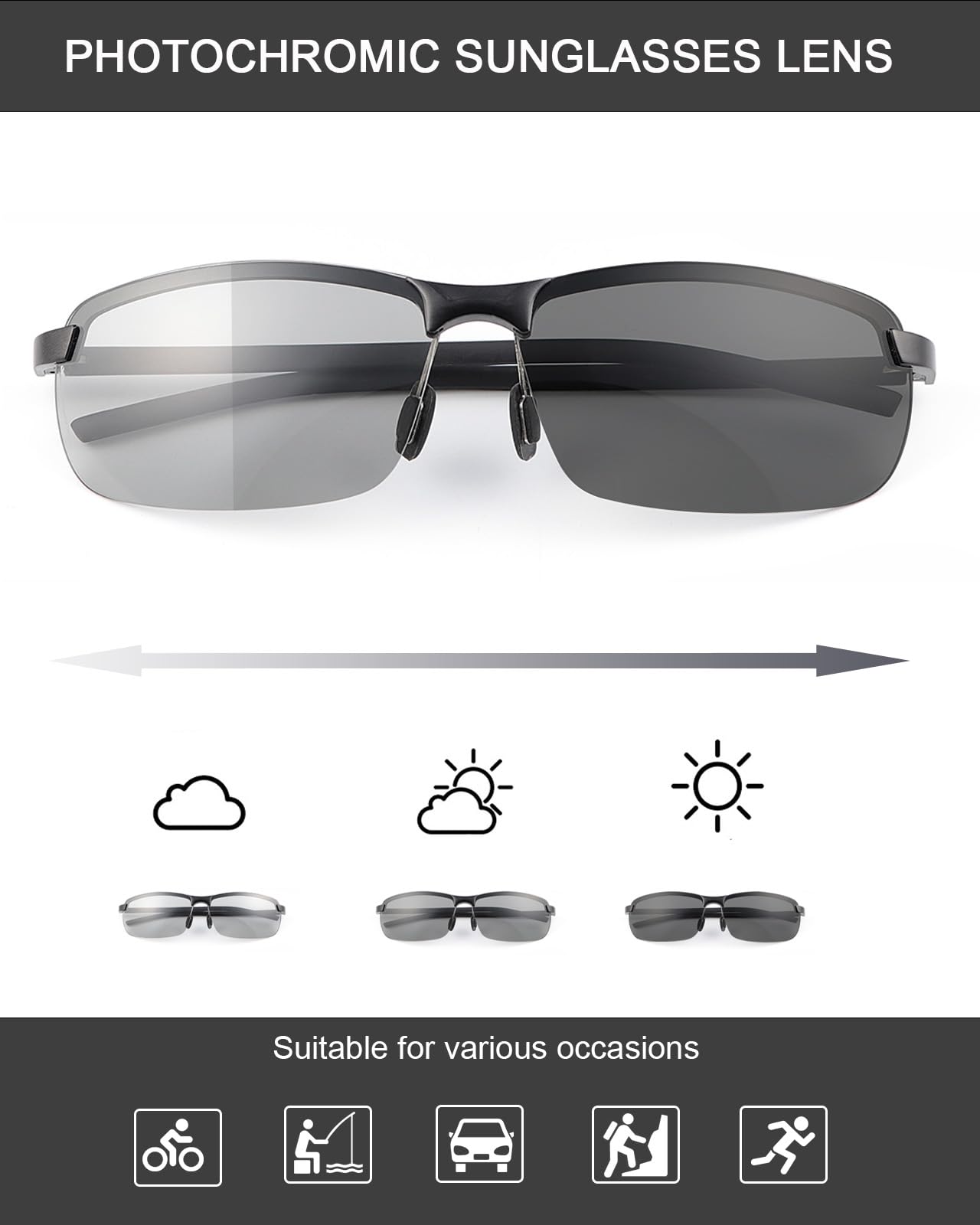 PEEPAI Photochromic Polarized Carbon Fiber Sunglasses for Men UV Protection Sports Fishing Driving Sunglasses with Al-Mg Frame