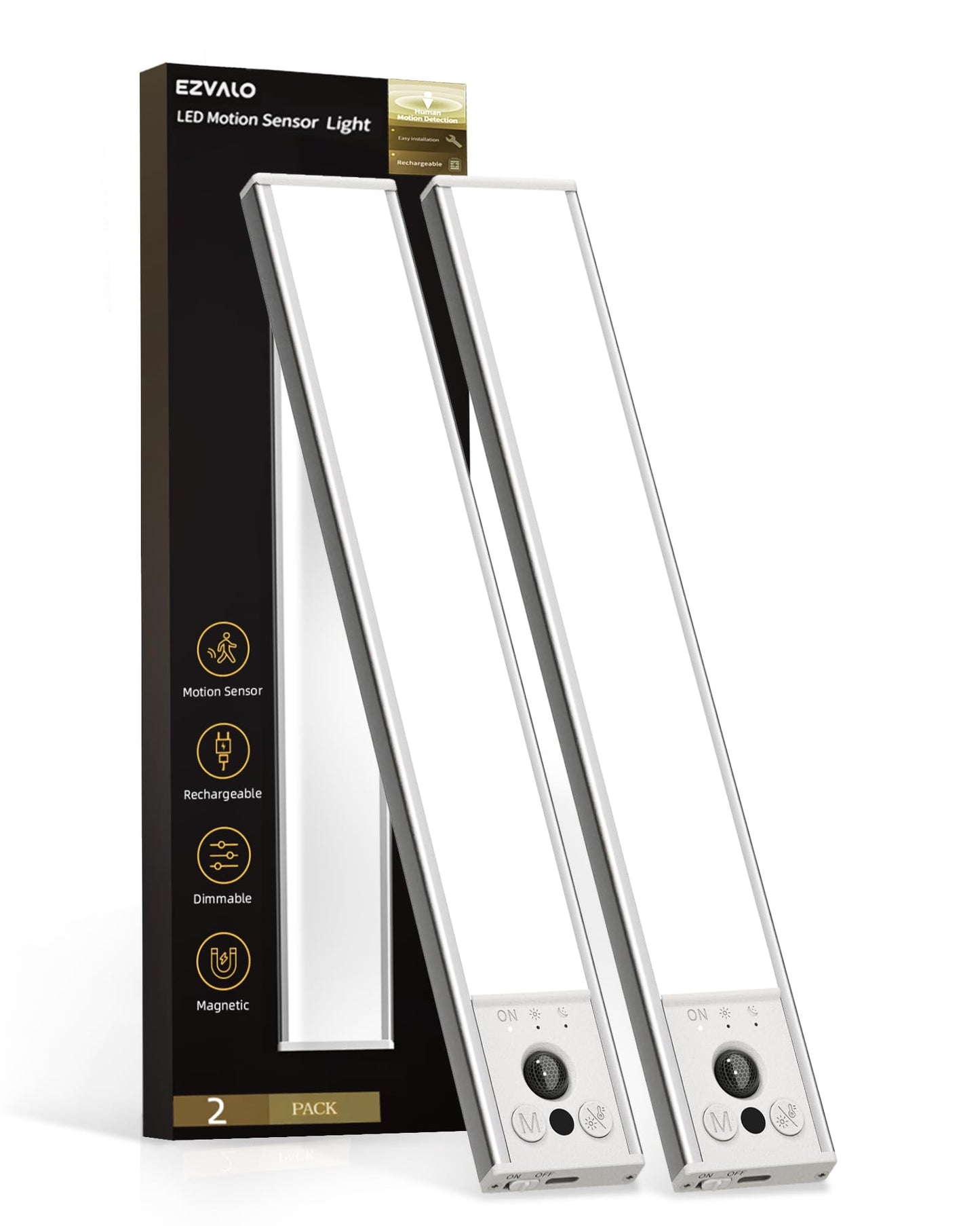 EZVALO 10inch Under Cabinet Lighting, LED Motion Sensor Light Indoor, 2400mAh USB Rechargeable Closet Lights, Dimmable & Magnetic Wireless Under Counter Lights for Kitchen, Pantry, Stairs (2 Pack)