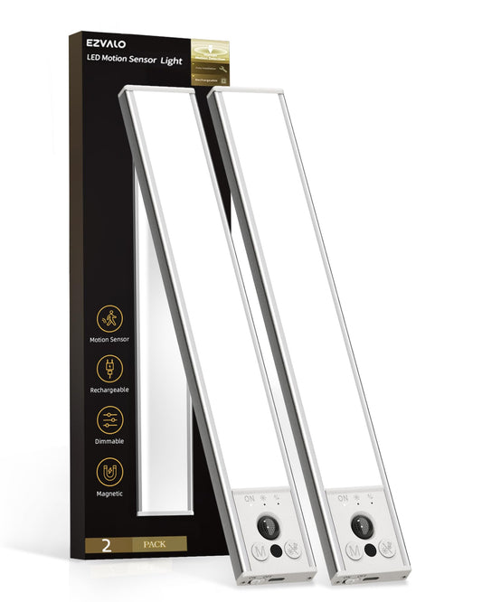 EZVALO 10inch Under Cabinet Lighting, LED Motion Sensor Light Indoor, 2400mAh USB Rechargeable Closet Lights, Dimmable & Magnetic Wireless Under Counter Lights for Kitchen, Pantry, Stairs (2 Pack)