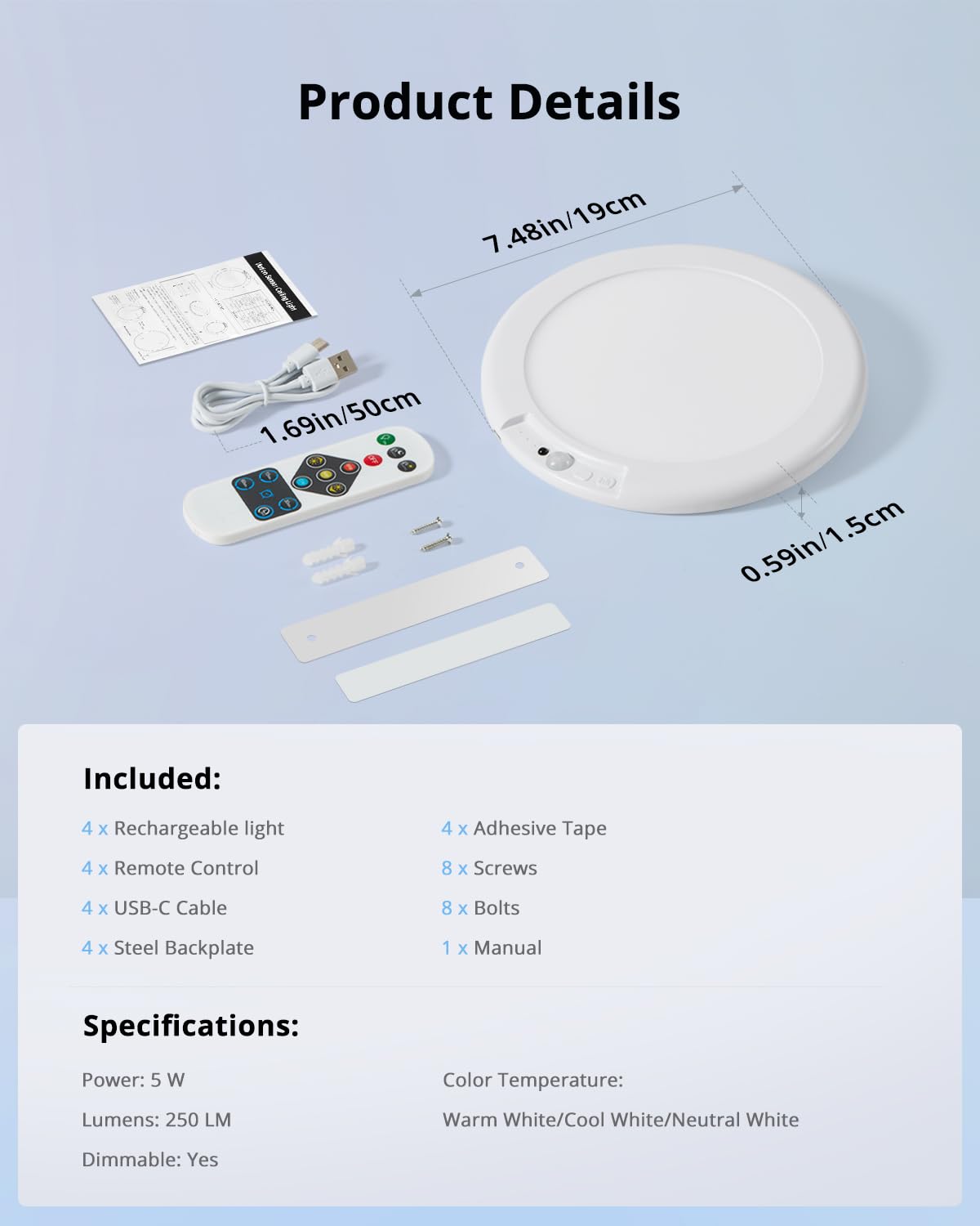 Combuh 4-Pack Battery Powered Motion Sensor Light, 7.48" IP44 Waterproof Shower Lamp Without Wiring, Ultra Thin 3 Colors Adhesive Overhead Lightting for Garage, Bedroom, Kitchen, Portable