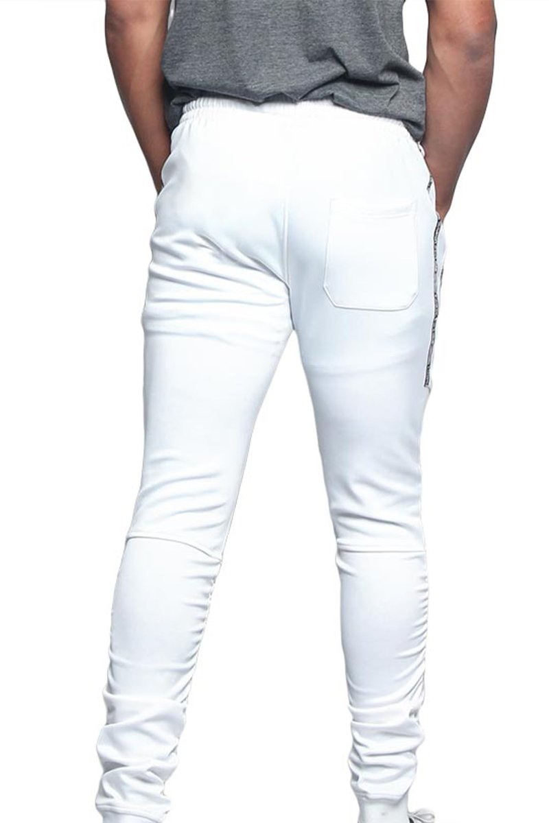 VS Sport Moto Style Sectioned Thigh Lettered Side Strip Zipper Pocket Scrunched Calf Drawstring Premium Track Pants TR548 - White - X-Large - V1E