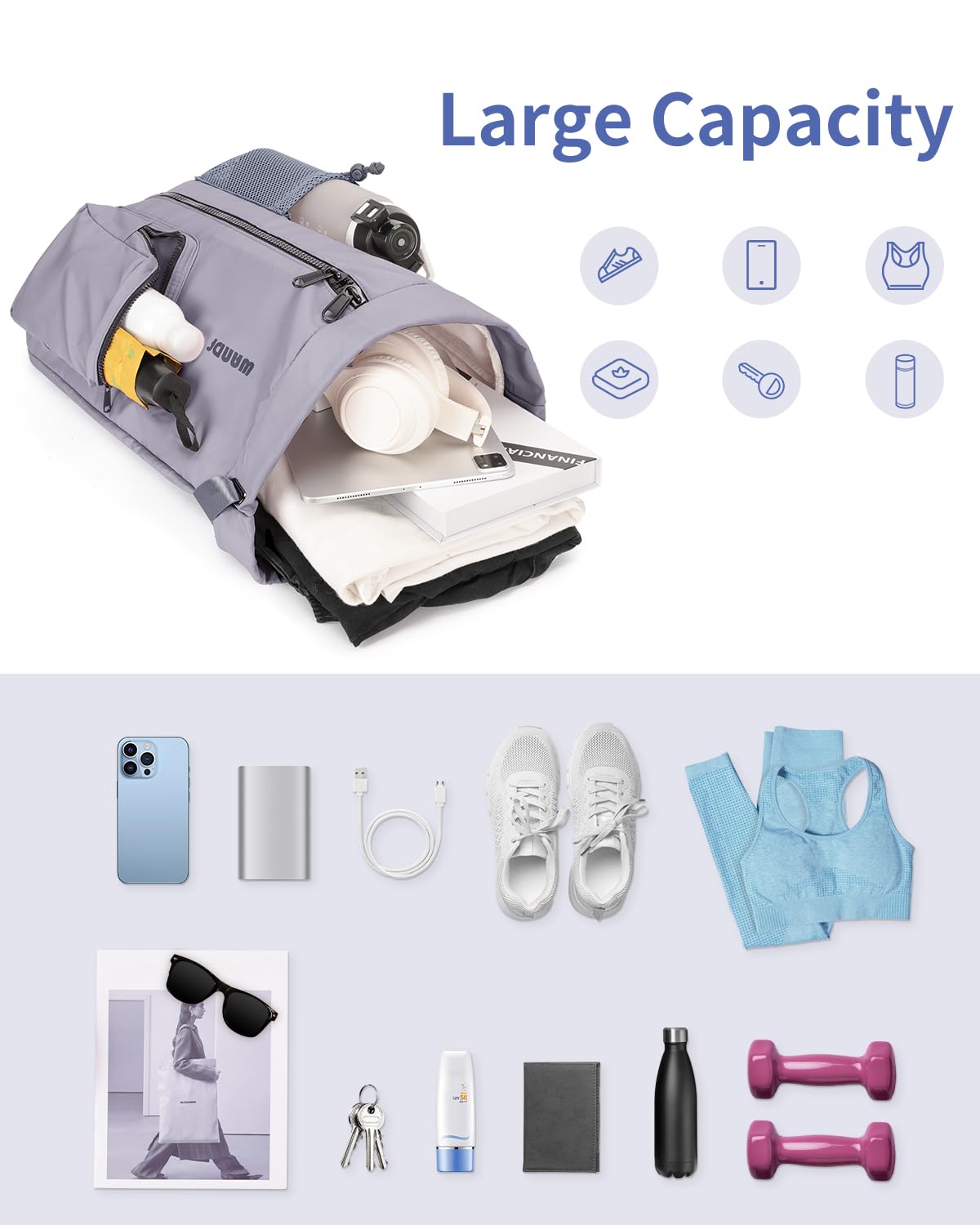 WANDF Drawstring Backpack with Shoe Compartment, Sports Gym Bag