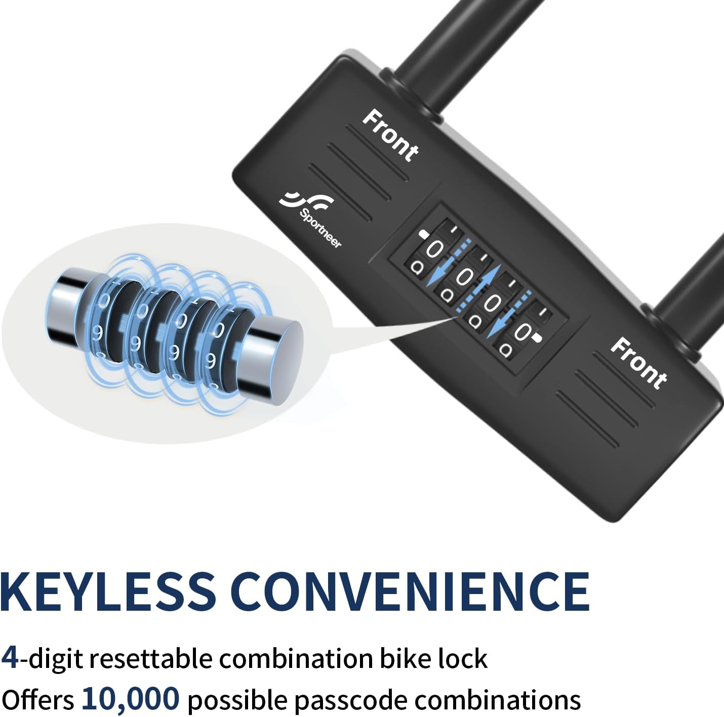 Sportneer Bike Lock - Heavy Duty 14mm Keyless Combination U-Lock with 5ft Security Cable | 9.05''x4.9''