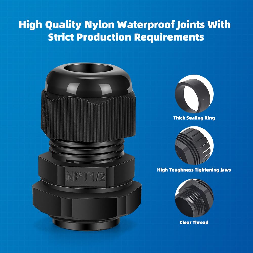 CGELE Cable Gland 12 Pack 1/2" NPT Waterproof Adjustable Connector Strain Relief Cord Connectors Joints Nylon with Gaskets…