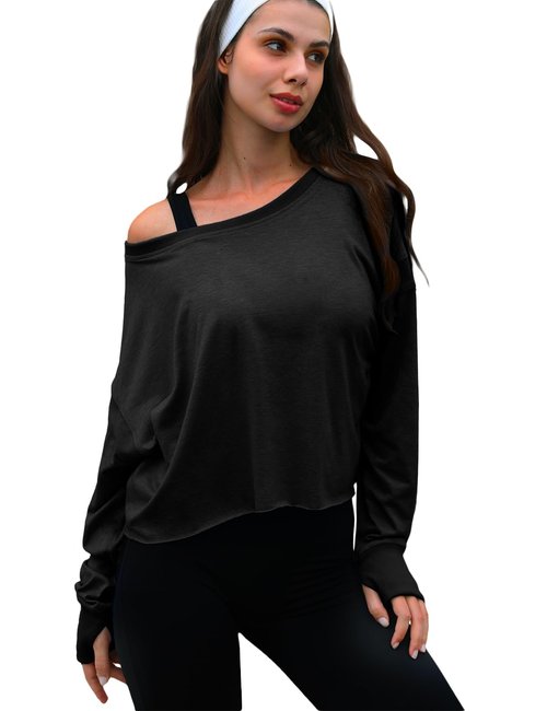 UNIANKIYA Open Back Workout Tops for Women Long Sleeve Cropped Athletic Clothes Gym Running Yoga Low Impact Sports T Shirts Black