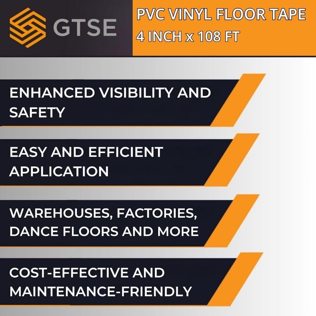 GTSE 4 inch x 108 ft Yellow PVC Vinyl Floor Tape, Safety Marking Tape, 6 mil Thick, Suitable for Dance Floors, Gyms, Warehouses, Sports Facilities