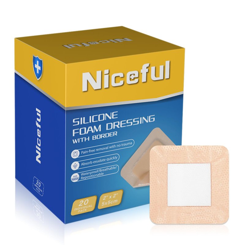 Niceful 20 Count Silicone Foam Dressing Gentle Border 2 x 2 inch, Absorbent Silicone Bandages for Wounds, Waterproof Bed Sore Bandages Wound Dressing
