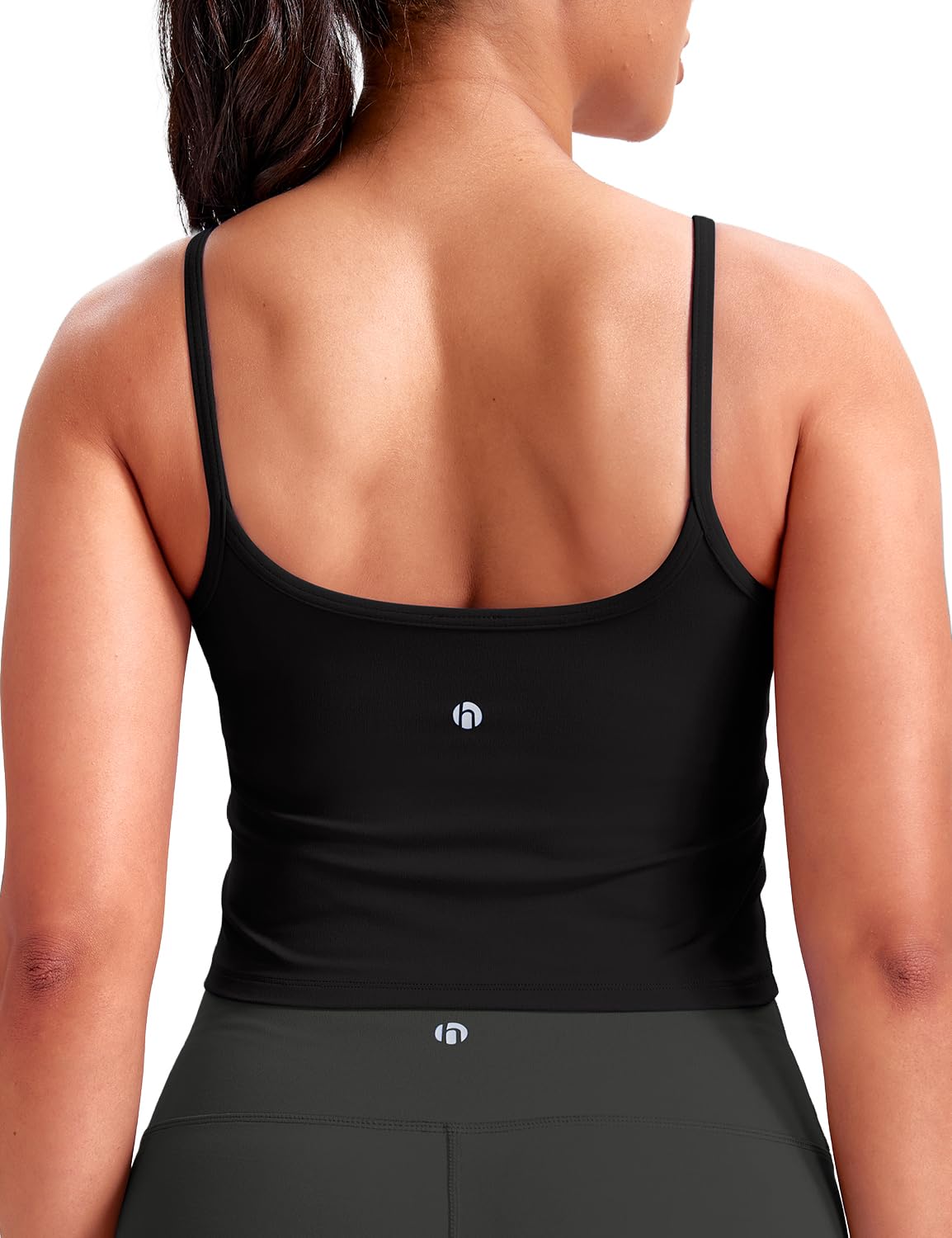 HeyNuts Cropped Cami Tank Top for Womens, Square Neck Spaghetti Thin Strap Low Impact Wirefree Workout Athletic Basic Gym Yoga Longline Sports Bras Padded Camisole with Built in Bras Black M