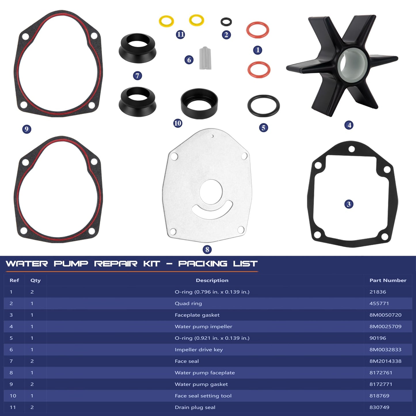 8M0100526 Water Pump Repair Kit – Complete 15-Piece Kit for Mercury/Mariner Outboards & MerCruiser Sterndrives, Perfect Replacement Mercruiser Alpha One Gen 2 Impeller Kit